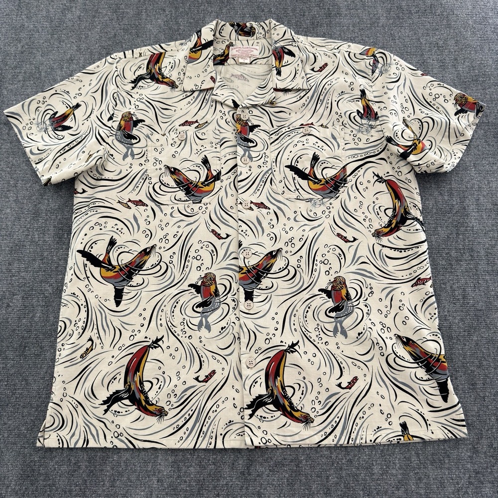 Filson Rustic Short Sleeve Camp Shirt L Seal Natural Fishing Print Cotton